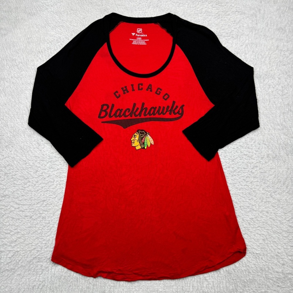 Chicago Blackhawks NHL Long Sleeve T-Shirt Red and Black Women's Size Large